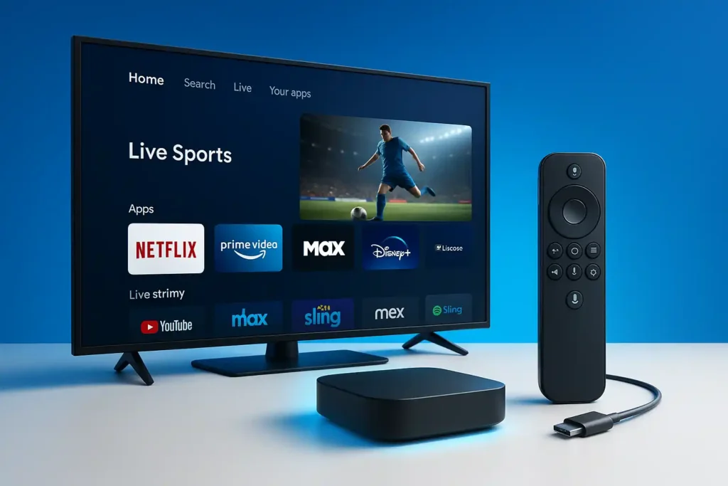 High-resolution image showcasing a sleek streaming device, voice-controlled remote with Google Assistant button, and a flat-screen TV displaying a live sports event and popular streaming apps like Netflix, Prime Video, Max, and Disney+. The scene features a futuristic blue gradient background and clean, modern tech