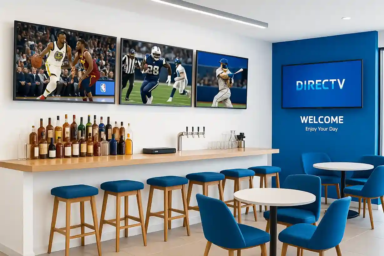 Professional sports bar interior with three TVs mounted showing NBA, NFL, and MLB games. A DIRECTV-branded welcome screen is visible on a blue accent wall. Bar stools and chairs in DIRECTV blue tones with bright, clean atmosphere.