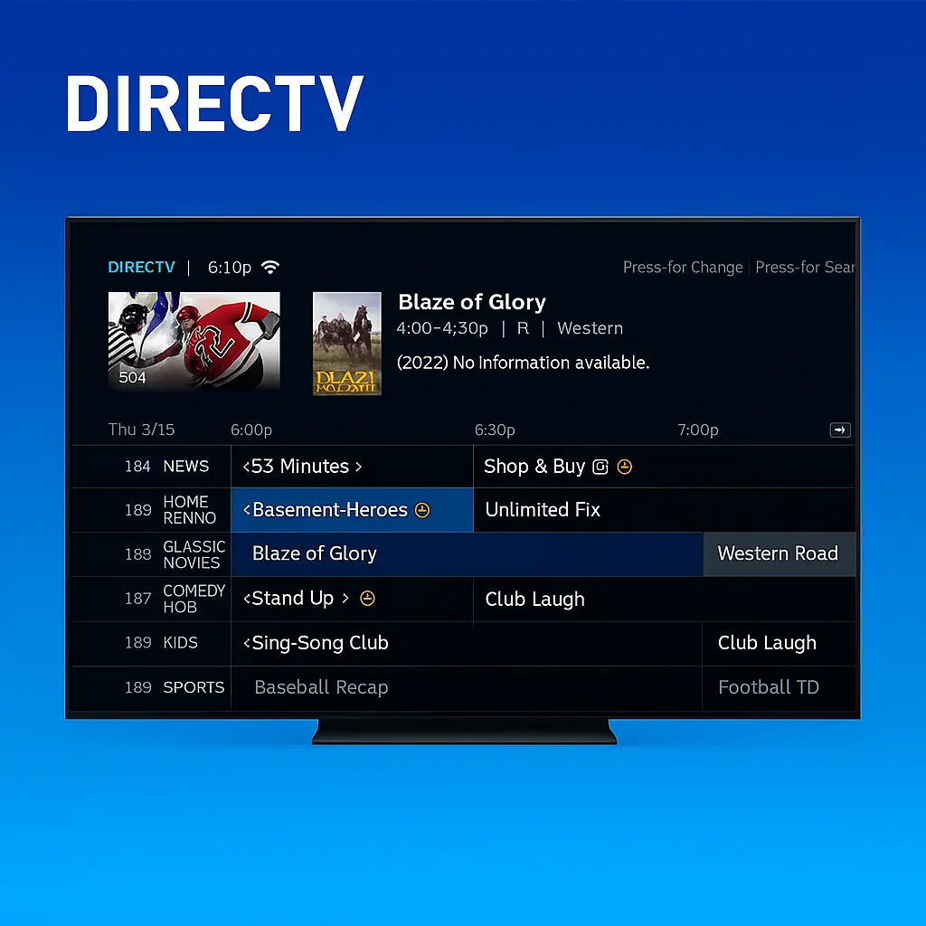 Flat-screen TV showing DIRECTV's interactive channel guide with program listings like "Blaze of Glory" and sports content, set against a blue gradient background with DIRECTV branding.