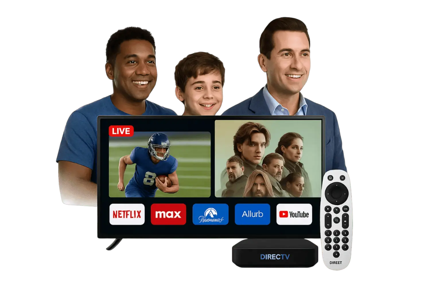 Photorealistic image featuring a DIRECTV Gemini Air streaming device and remote next to a large flat-screen TV displaying live sports, popular movies, and streaming apps like Netflix and Paramount+. Smiling family visible softly in the background. Transparent background.