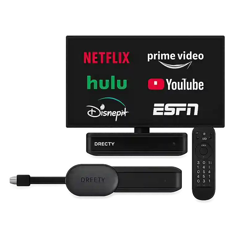 DIRECTV Gemini USB-style streaming device with remote, TV screen showing Netflix, Hulu, Disney+, YouTube, Prime Video, and ESPN logos, all on a transparent background