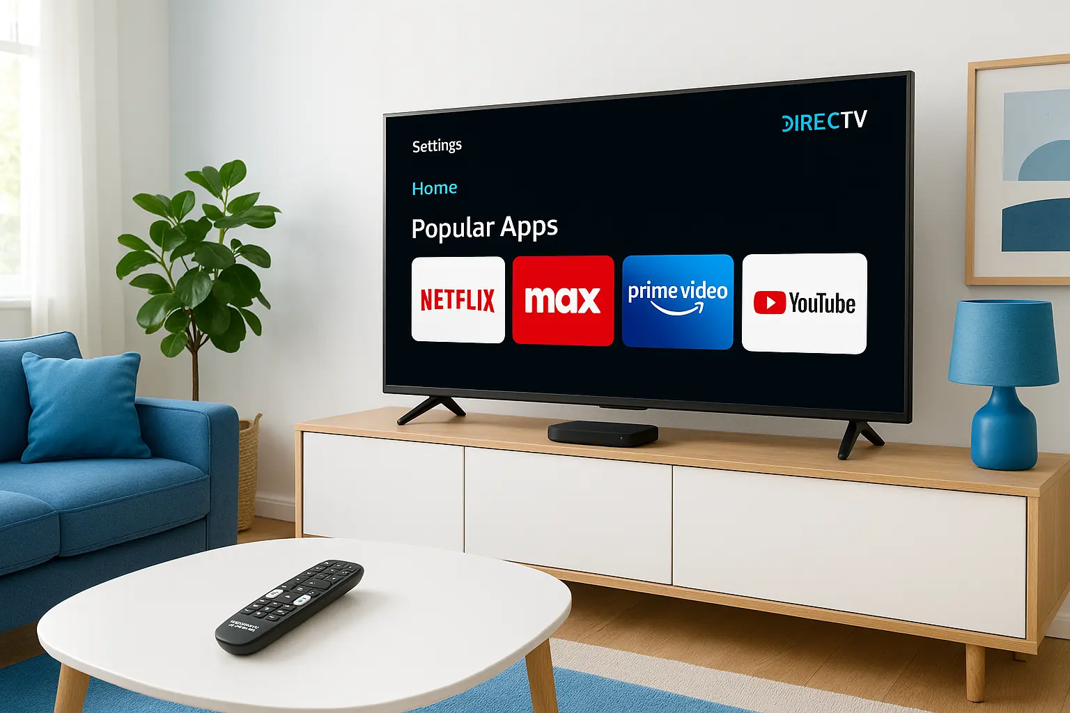 Bright modern living room with flat-screen TV displaying DIRECTV streaming interface featuring Netflix, Max™, Prime Video, and YouTube apps. Gemini Air device below TV and DIRECTV blue accents in decor.