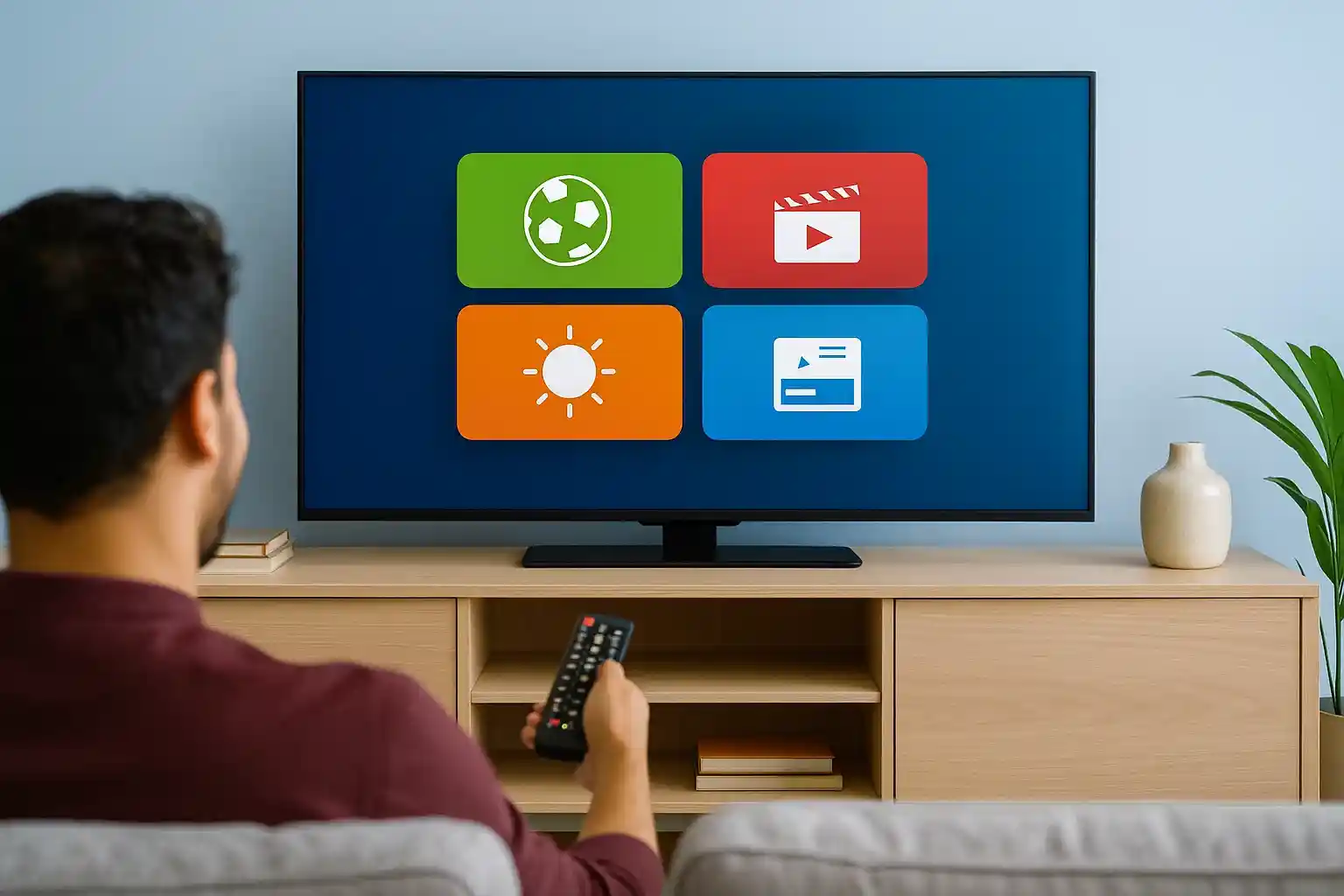 Realistic, high-resolution digital photograph of a living room with a smart TV displaying a colorful, dynamic collage of streaming content genres, emphasizing free DIRECTV streaming without equipment or contracts.