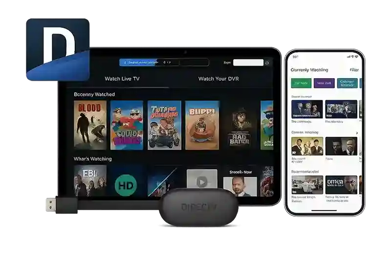 DIRECTV streaming app shown on tablet and smartphone with Gemini streaming device in front, all displayed on a transparent background for multi-device entertainment access
