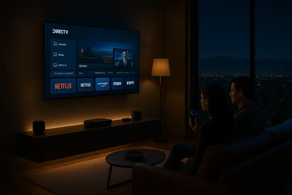 family sitting in a living room and watching tv live streaming with DIRECTV