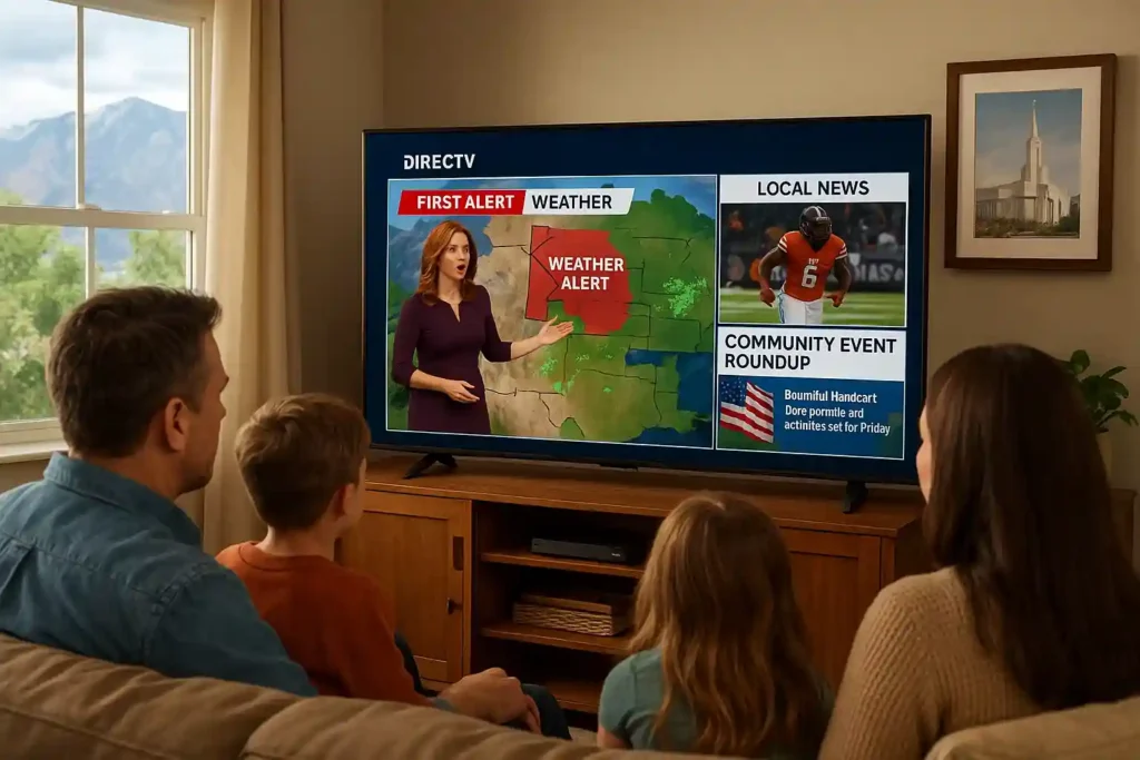 A family of four in a cozy Bountiful, Utah living room watches a flat-screen TV showing weather alerts, community news, and local sports on DIRECTV. The Wasatch Mountains are visible through the window, and a framed picture of the Bountiful Temple hangs on the wall, emphasizing local connection and community.